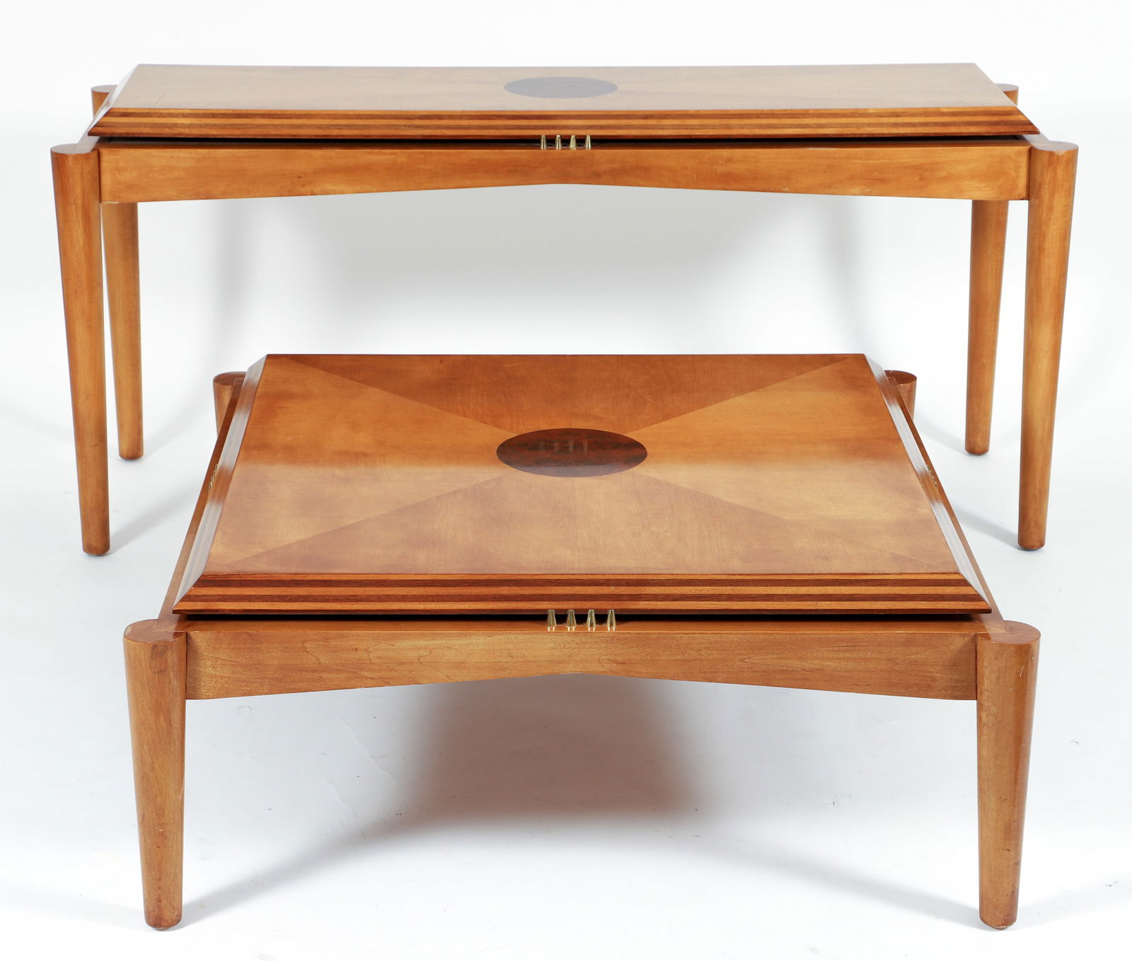 Henredon Imagine Maple and Burl Coffee Table, Console Table: Henredon Imagine coffee table and console table in curly maple and walnut burl, American, late 20th/early 21st century. Curly maple sunburst veneer accented by walnut burl roundels at center of each,