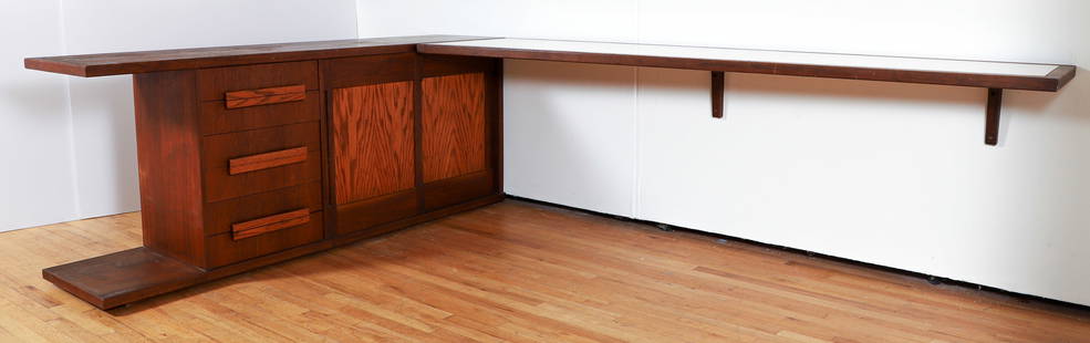 Orin Raphael MCM Sideboard with Corner Shelf: Raphael, Orin (American/Pittsburgh, 1918-1995), Custom Mid Century Modern Sideboard and Corner Shelf, c.1950s, walnut body with oak handles, 6 pull out drawers, 2 sliding cabinet drawers and open spac