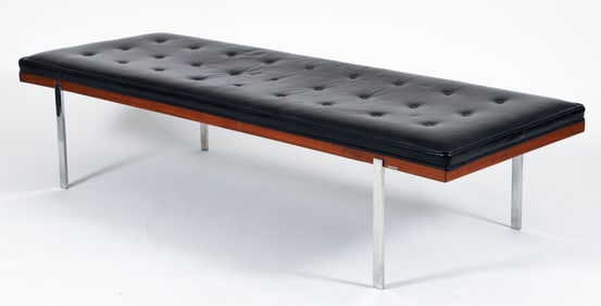 Modernist Chromed Steel, Walnut, and Vinyl Bench