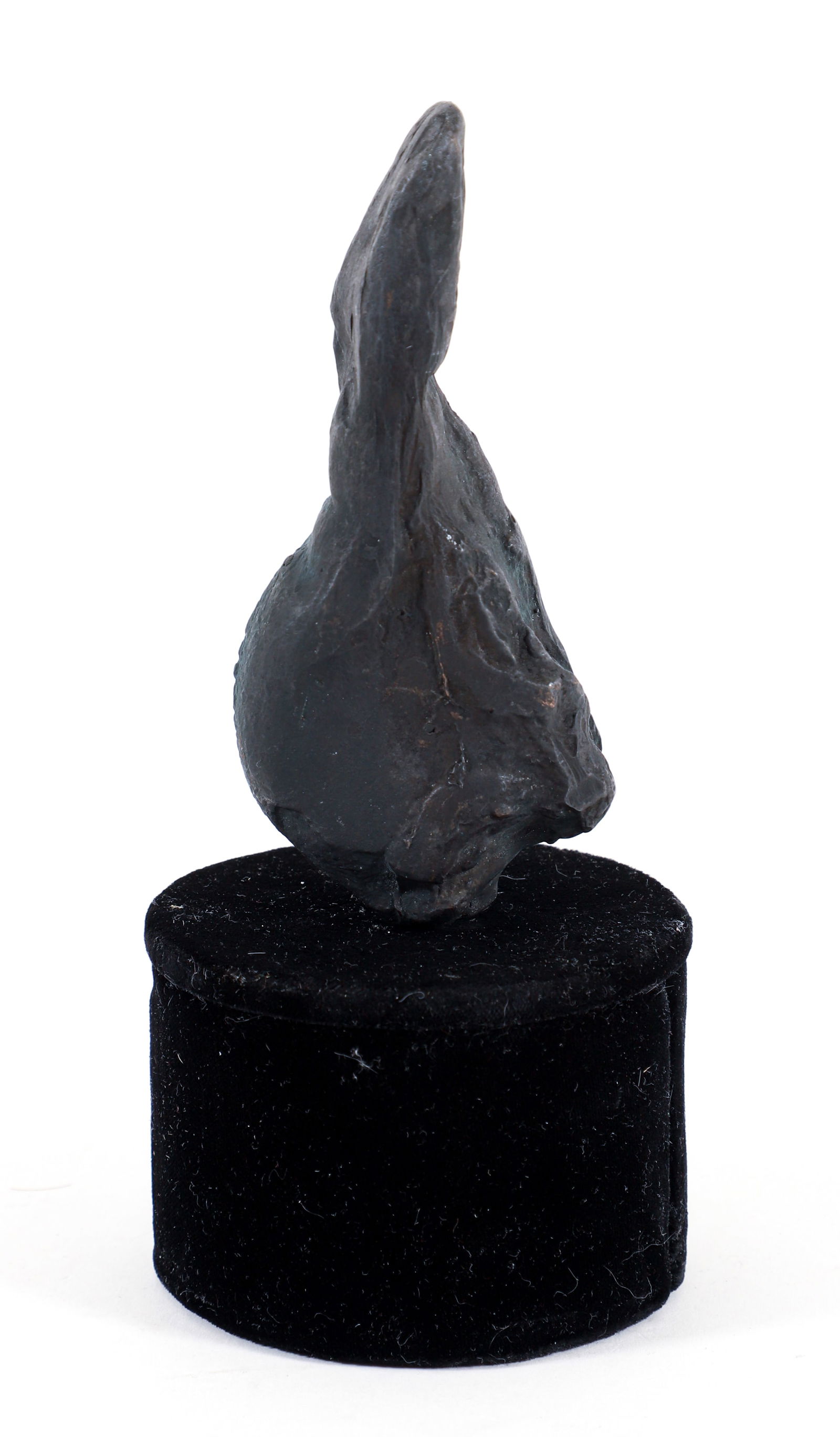 Not Vital Calf Tongue Bronze Sculpture: Vital, Not (Swiss, contemporary), Calf Tongue, undated, c.1990, bronze sculpture, apparently unsigned, 4.75 x 2.25 x 1.5 inches, with original mount and velvet lined pedestal. Steve says: Not Vital (r