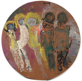Purvis Young Large Outsider Art Painting on Found Material: Young, Purvis (American, 1943-2010), Untitled - 5 Figures, undated, oil on found material (round piece of thick board), signed at the upper center, 48 inch diameter, unframed. Purvis Young was an Afri