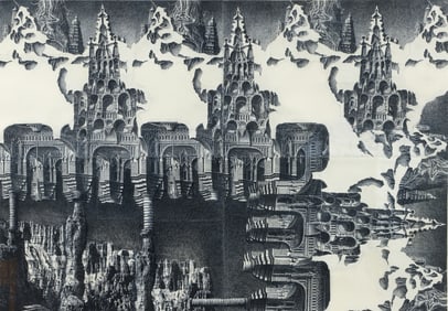 Early Douglas Cooper Pencil Drawing Surreal Castles 1984