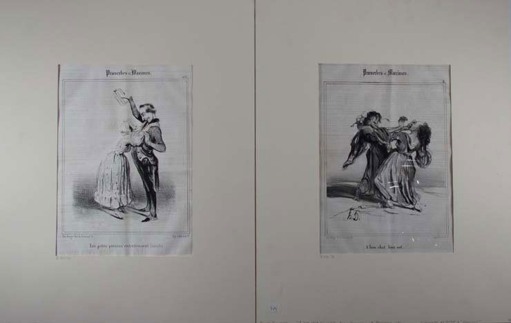2 Honore Daumier lithographs from Charivari: Artist: Daumier, Honore (French 1808-1879) Title: Le Petits Présens & A bon chat bon rat both from Proverbes at Maximes Date: 1830's Medium: lithographs Dimensions: 14 x 9.5 inches Signature: