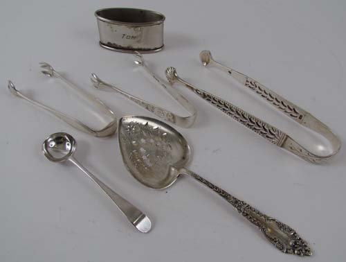 6 Asst small Sterling Silver Serving Utensils: Title: 6 Assorted small Sterling Silver Serving Utensils including 3 pair tongs, heart shaped spoon, Napkin ring Medium: sterling silver Dimensions: 3.985 ozt. Note: small scoop not included in this w