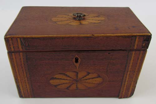 Georgian Tea Caddy with extensive inlay: Title: mahogany tea caddy with two rose of compass decorations Date: circa 1780 Medium: mahogany and satin woods Dimensions: 5 x 7.5 x 4 inches Provenance: John Kemp Antiques, Edgefield South Carolin