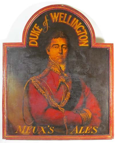 Antique Duke of Wellington Pub Sign, Meux's Ales: Title: Duke of Wellington Pub Sign, Meux's Ales Date: late 19th or Early 20th Century British Signage Trade Medium: painted wood Dimensions: 38 x 32 inches, irregular shaped Provenance: An old Pitts