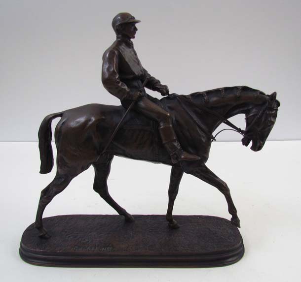 Pierre-Jules Mene "Jockey a Cheval No. 1" bronze sculp: Artist: Mene, Pierre-Jules (French, 1810-1871) Title: Jockey a Cheval No. 1 Medium: patinated bronze Dimensions: 10 x 10 x 3 inches Signature: inscribed P J Mene on base Provenance: Pebble