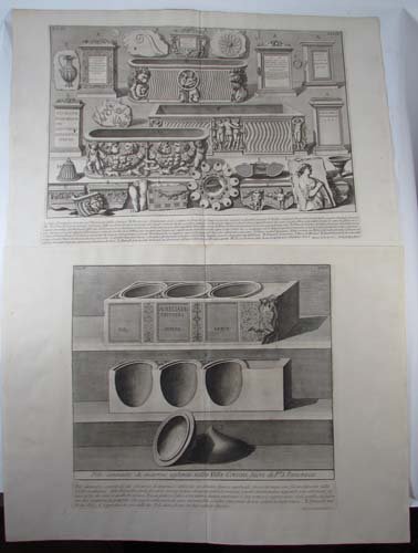2 Piranesi period engravings Architectural Fragments of: Artist: Piranesi, Giovanni Battista (Italian 1720-1778) Title: Dis Manibys Antoniae Panerotis L'Helenes & Pile Cinerarie de Marmo Esftenti nella Villa Corsini Fuori de Pta S. Pancrazio Date: circa 179