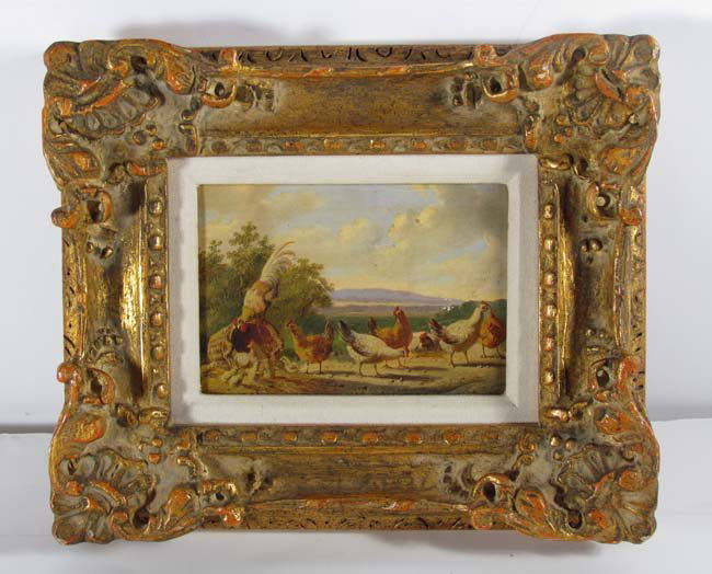 Albertus Verhoesen oil/board "Chicken in Landscape" : Artist: Verhoesen, Albertus (Dutch 1806 - 1881) Title: Chicken in Landscape Date: 19th Century Medium: oil on wood panel Dimensions: 5 x 7.4 inches Description: A large group of poultry wi