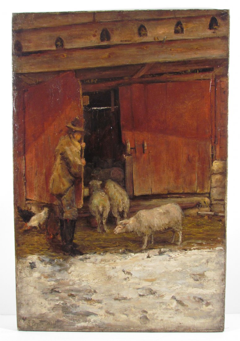 A. B. Wall ptg Farmer Leading Sheep into Barn: Artist: Wall, Alfred Bryan (American, 1861-1935) Title: Farmer Leading Sheep Into Barn Medium: Oil on canvas Dimensions: 30 x 20 inches Description: nicely painted view of a farmer leading sheep into