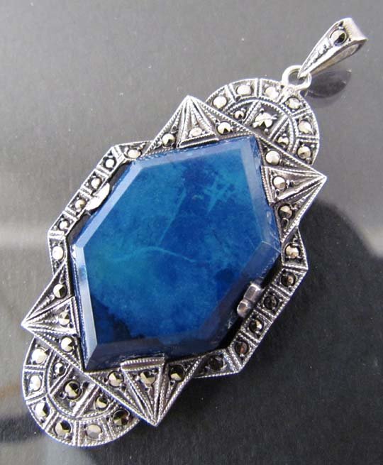 Lapis, Hematite and Sterling Art Deco Pendant : Title: Lapis, Hematite and Sterling Art Deco Pendant Date: early 20th century Medium: lapis lazuli, hematite, sterling Dimensions: 2 x 1 inches Description: stunning sterling art deco pendant of lapi