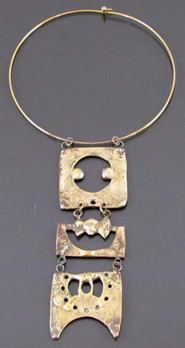 Tish Corbett Handmade Brass Choker w triple pendant: Artist: Corbett, Tish (American, b ca 1922) Title: Handmade brass neckwire with 3 vertical pendants by Tish Corbett Medium: brass Dimensions: 11 x 5 inches Signature: stamped TISH on reverse P