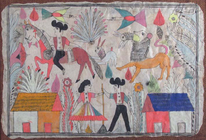 Mexican Naïve painting on bark, The Farmers Life: Artist: 20th Century Mexican Naïve School Title: The Farmers Life Medium: ink and gouache on tree bark composition Dimensions: 12 x 17 inches Provenance: The Estate of Margaret Raphael Frame T