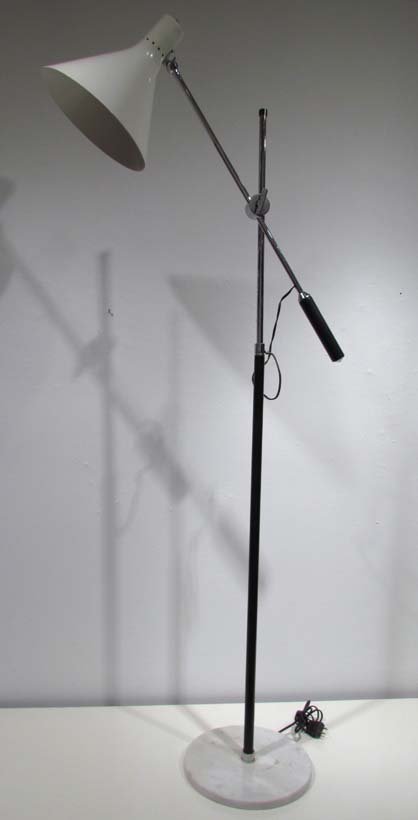 Arteluce Italy 1960's Single Arm Floor Lamp: Artist: Arteluce Italy Title: Single Arm Floor Lamp Date: c. 1960 Medium: lamp w marble base leather wrapped arm, metal shade Dimensions: 57 x 33 x 8 inches Signature: Made in Italy stampe
