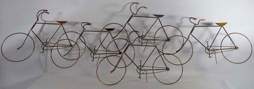 Curtis Jere "Bicycles" Wall relief: Artist: Jere, Curtis (20th Century American) Title: Bicycles Medium: copper and brass metal wall relief Dimensions: 22 x 60 x 5 inches Signature: unsigned