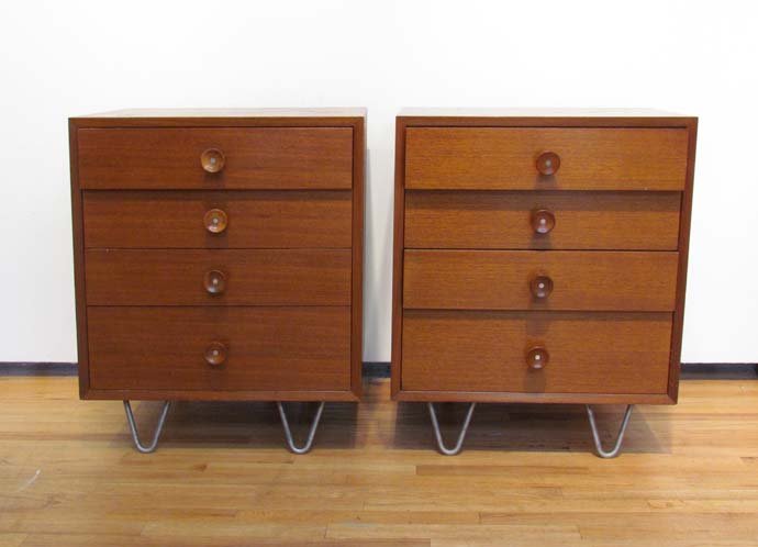 "Pair Teak Small Dressers Designed by George Nelson fo: Artist: Nelson, George for Herman Miller Title: Pair of Teak 4 drawer Teak Dressers with hairpin feet and cupcake pulls Date: 1950's Dimensions: 29 x 24 x 18.5 inches Edition: with George Nelson