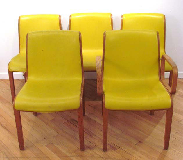 Five Bill Stephens for Knoll chairs: Artist: Stephens, Bill for Knoll Title: 5 laminated oak chairs with yellow vinyl fabric Medium: laminated oak with vinyl upholstery Dimensions: 32 x 19 x 22 inches each Signature: Knoll International