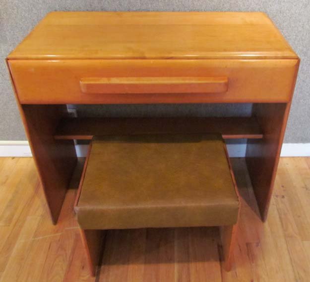 Russel Wright American Modern desk and stool: Artist: Wright, Russel Title: American Modern Desk and Stool Medium: blond wood Dimensions: 29 x 36 x 18.5 desk, stool is 15 x 15.5 x 20 inches Signature: Russel Wright for Conant-Ball American Moder