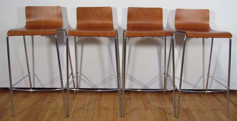 Set of 4 Contemporary Molded Wood Bar Stools: Set of 4 Contemporary Molded Wood Bar Stools wood, steel 34.5 x 18 x 16 inches Provenance: The Estate of Margaret Raphael
