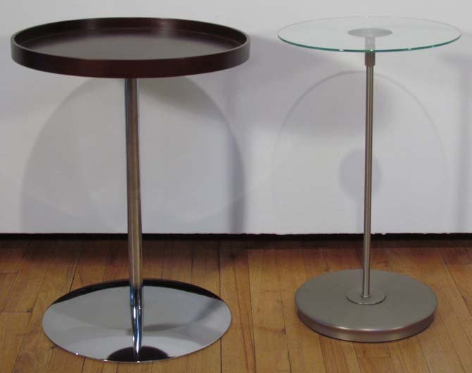 Two Contemporary Side Tables: Umbra Wood Tray Topped Side Table, Glass Top Side Table glass, steel, wood 20.75 inches tall Glass table stamped Umbra on the base Provenance: The Estate of Margaret Raphael