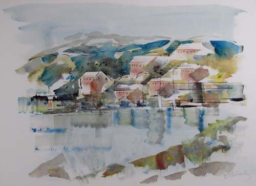 Birdsey watercolor "Cubist Houses" : Artist: Birdsey Title: Lake Landscape with Cottages Medium: watercolor Dimensions: 16 x 21 inches Signature: signed lower right Frame Type: wood Frame Size: 24 x 29.5 inches