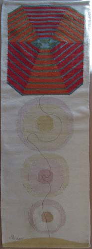 2 Saul Borisov abstract 1950's weavings: Artist: Borizov, Saul (Russian/American 1912 – 1991, born Saul Pupkin) Title: Geometric Designed Date: late 1950's early 1960's Medium: wool Dimensions: 54 x 36 inches and 65 x 24 inches Signa