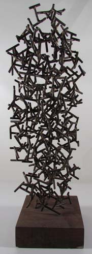 Glen Davis welded metal sculpture: Artist: Davis, William Glen (20th cent. Western PA) Title: Welded Found Metal Date: 25324 Medium: metal and wood Dimensions: 22 x 6.25 x 6.25 inches incl. base Glen Davis was an active member of