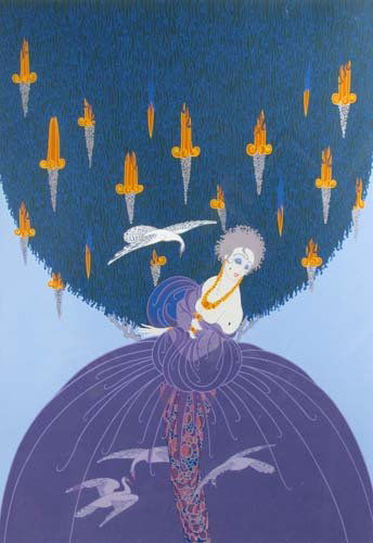 Erte Freedom and Captivity serigraph: Artist: Erte (ROMAIN DE TIRTOFF), (Russian/French 1892-199) Title: Freedom and Captivity Date: 1985 Medium: serigraph with foil stamping Dimensions: 33 x 24.5 inches Edition: V/CXXV