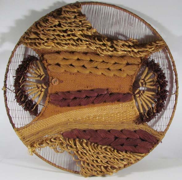 Don Friedman Design No. 362 Fiber Art Wall Relief: Artist: Friedman, Don (20th century American) Title: Design No. 362 Date: 1982 Medium: jute and cotton mounted on steel frame Dimensions: 40 inches diameter Signature: Signed on wood disc