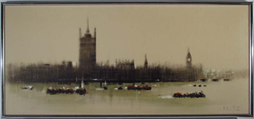 Tony Klitz painting "Palace of Westminster and the Tha: Artist: KLITZ, ANTHONY ROBERT (IRISH 1917-2000) Title: Palace of Westminster and the Thames Medium: oil on canvas Dimensions: 16 x 36 inches Description: from the Thames looking at Westminster and Th