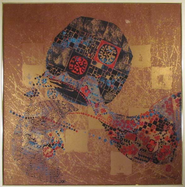 Lebadang original serigraph on bronze foil: Artist: Lebadang, (Vietnamese, Born 1922) Title: Landscape Medium: serigraph printed on foil Dimensions: 29 x 29 inches (sight size) Edition: E.A. aside from the edition of approximately 220 S