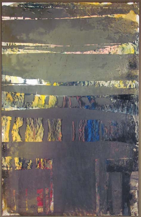 Larissa Geiss Osby Abstract Collage: Artist: Osby, Larissa Geiss (American, b. 1928) Title: Untitled Abstract Medium: mixed media collage Dimensions: 25.5 x 16.5 inches Signature: Signed lower left Frame Type: silver metal