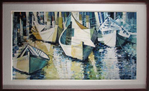 Robert Schmalzried 1962 oil on board "Boats at Dock": Artist: Schmalzried, Robert (Western Pa.) Title: Boats in Cubist Light Date: 1962 Medium: oil on masonite panel Dimensions: 22 x 40.5 inches Signature: signed and dated R. Schmalzried 62 l