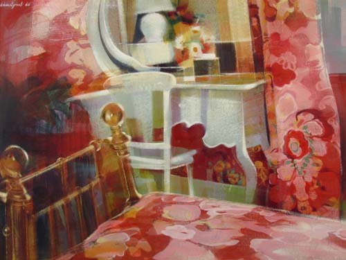 Robert Schmalzried painting "Cubist Bedroom": Artist: Schmalzried, Robert (Western Pa.) Title: Cubist Bedroom Date: 1968 Medium: oil on masonite panel Dimensions: 24 x 32 inches Signature: signed Schmalzried upper left Provenan