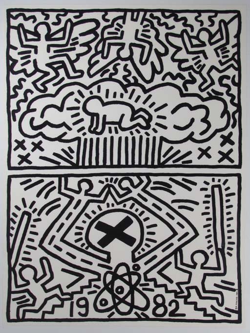 Keith Haring Lithograph Nuclear Disarm Poster: Haring, Keith (American, 1958–1990) Poster for Nuclear Disarmament, 1982 offset lithograph 24 x 18 inches signed and dated in print silver metal frame measuring 28.25 x 22.25 inches