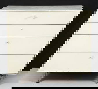 Nelson for Herman Miller Thin Edge Chest of Drawers: George Nelson for Herman Miller Thin Edge chest of drawers, American, Zeeland, Michigan, 1950s. Four drawers in case, all resting on squared chromed steel legs. Double cone drawer pulls. This piece ha