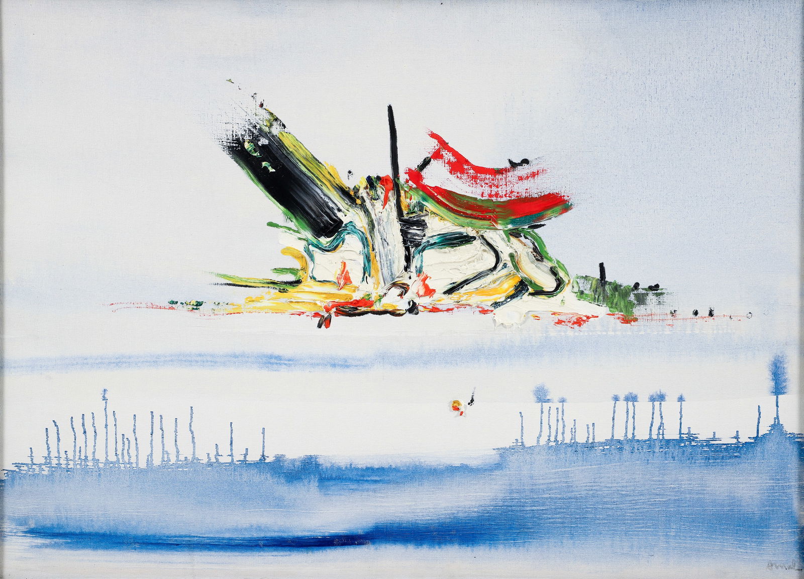 Francois Arnal 1960 oil on canvas Le Monstre Revient (The Monster Returns): Arnal, Francois (French, 1924-2012), Le Monstre Revient (The Monster Returns), 1960, oil on canvas, 28.5x 30.25 inches, signed lower right, and titled, signed, Inscribed La Valette, ete 60,numbered 37