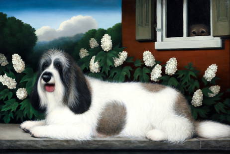 Christine Herman Merrill 2012 oil Two Dogs: Merrill, Christine Herman (20th/21st Century American, specializes in Dog imagery), One Longhair Dog Resting on Stone Wall while Another inside the House Looks Enviously On, 2012, oil on canvas, 29 x