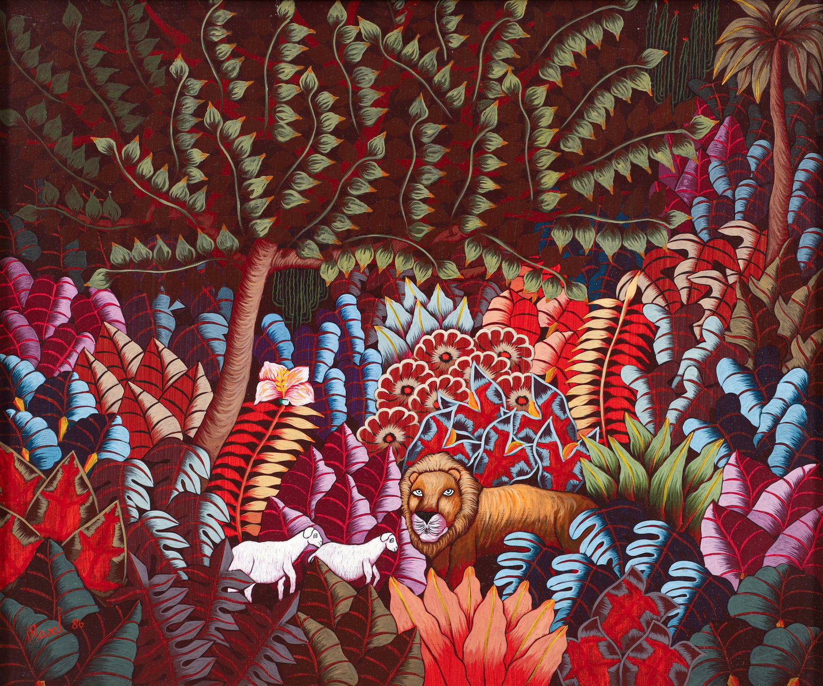 Andre Naval Oil on Board Jungle Haitian 1987: Naval, Andre (Haitian, contemporary), Jungle, 1987, oil on board, board 20 x 24 inches, in painted wooden 21.5 x 25.5 inch frame. Provenance: Galerie Macondo, Pittsburgh, PA.