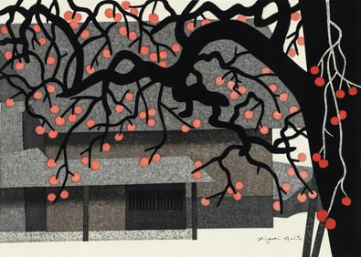 Kiyoshi Saito 1973 color woodblock Persimmon in Aizu