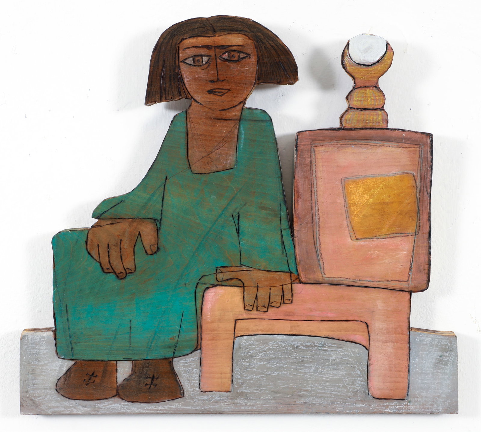 Kamal Youssef Painted and Carved Wood Panel 2000: Youssef, Kamal (Egyptian/American/Pittsburgh, 1926-2019), Seated Woman, 2000, mixed media on carved wood panel, signed and dated on the verso, 18.5 x 20.75 x 1 inches. Provenance: The Estate of Cynthi