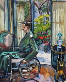 Henry Koerner 1950s Watercolor Man in Wheelchair