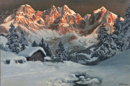 Alois Arnegger Kaiser Mountains Alpine Sunset Oil on Canvas