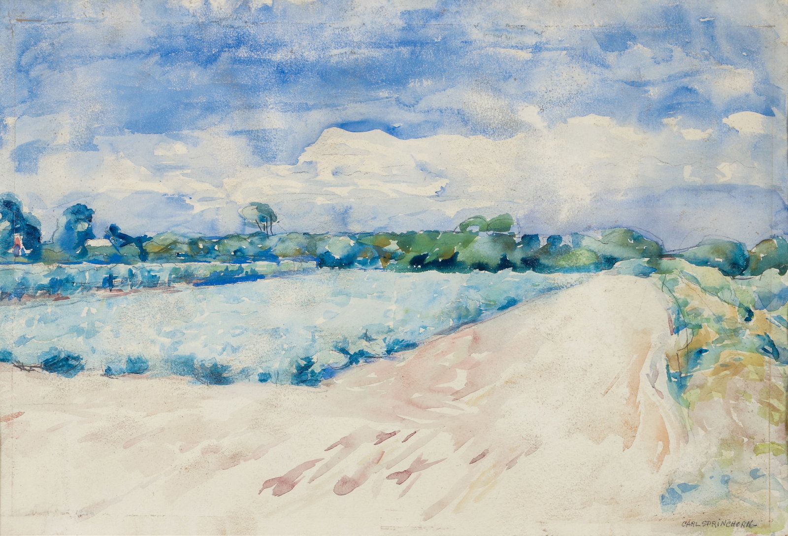 Carl Sprinchorn Coastal Landscape Watercolor: Sprinchorn, Carl (Swedish/American, 1887-1971), Coastal Landscape, mid 20th century, watercolor on paper, signed lower right, 15 x 22 inches, matted and framed 23 x 29.5 inches.
