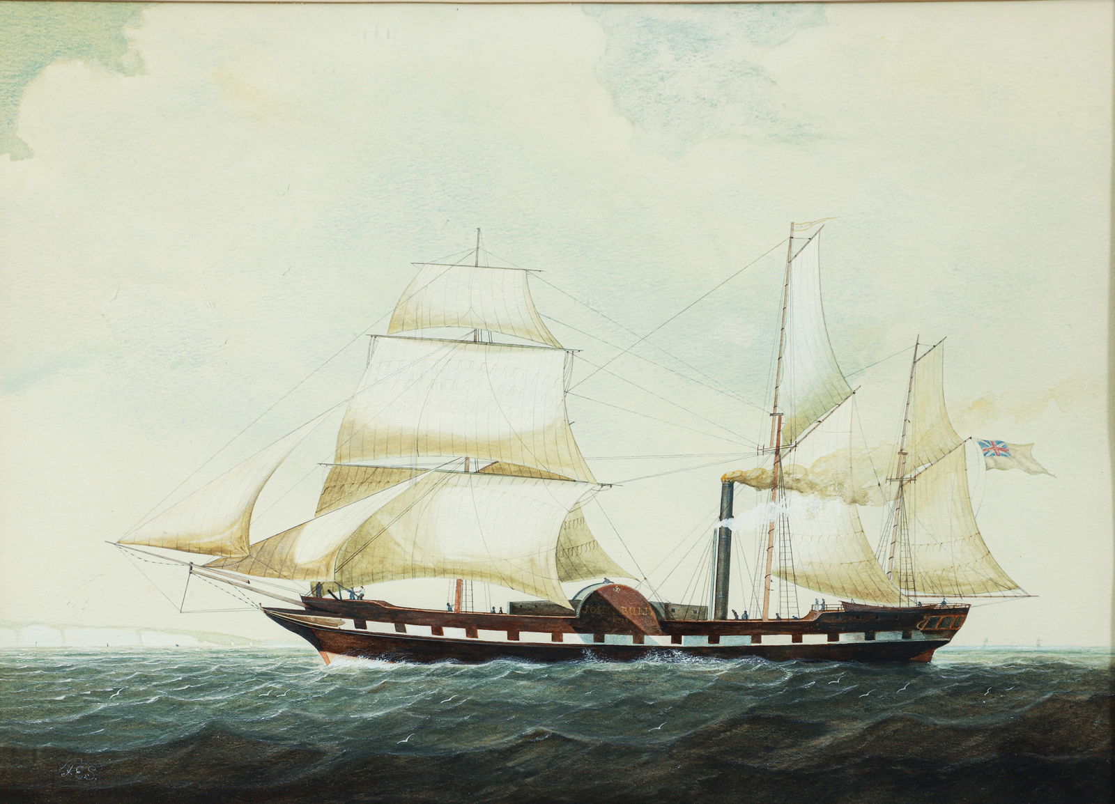 19th century Watercolor of the ship John Bull by A. E. S.: 19th century British Nautical School, Steamer Ship John Bull, mid 19th century, watercolor and gouache on paper, initialed lower left AES or FES, 13 x 18 inches, matted and framed 21.5 x 26.5 inches.