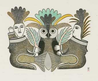 Kenojuak Ashevak Seamaids and Owl 1980 Signed Stonecut