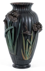 Large Japanese Bronze Vase with Iris and Bird Decoration