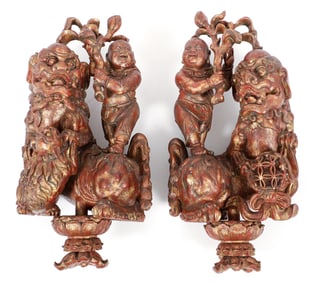 Carved Chinese Gilt Lacquer Foo Dog Architectural Elements