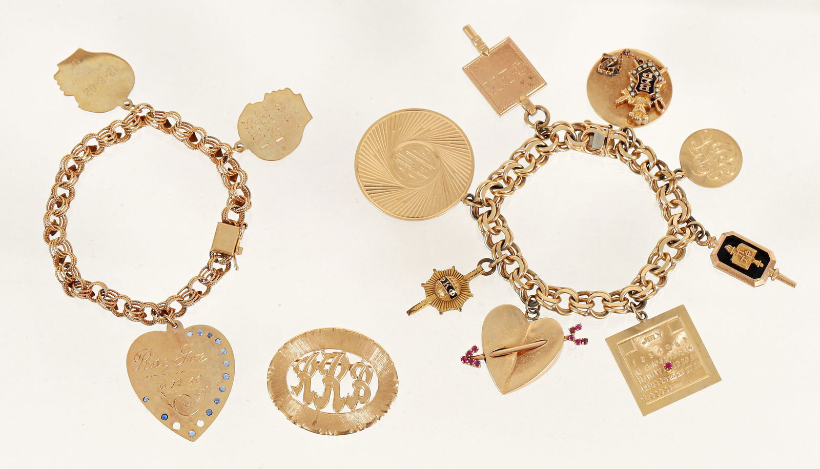 3pc 14k Charm Bracelets with Pin: 3pc lot, includes 2 charm bracelets and pin. First: 14k gold charm bracelet with 8 charms, bracelet marked "14k" at box closure, 5 charms marked "14k," 1 charm marked "12k," 2 charms unmarked, likely