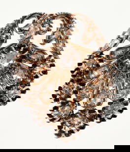 Victorian Rose Cut Diamond Gold and Silver Brooch: Early Victorian brooch, old rose cut and point cut diamonds in raised crown settings with milgrain decoration, silver gilt and 9k gold, no hallmarks, diamonds measure approximately 1.5ct total weight,